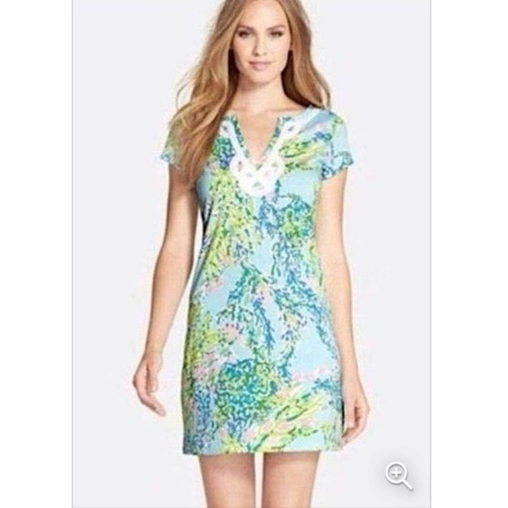 Lilly Pulitzer Brewster Dress Sky Blue and Green Floral with ribbon trim